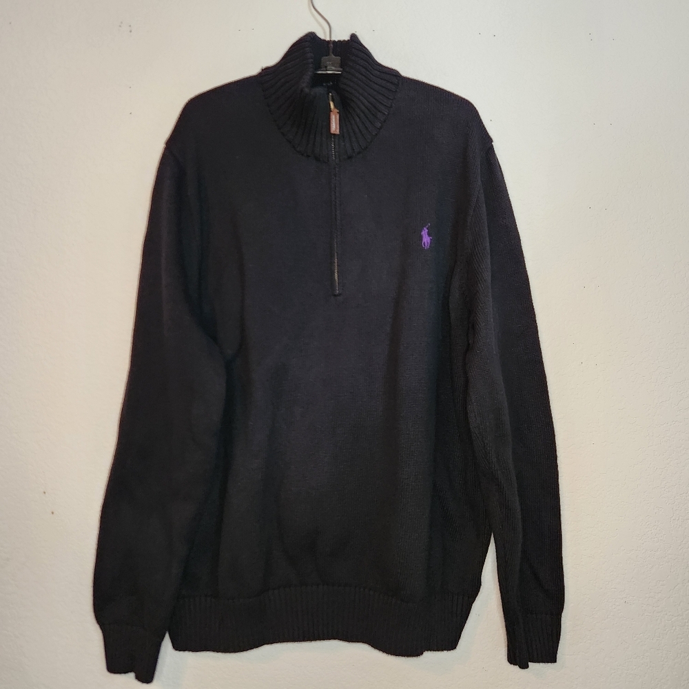 Polo Ralph Lauren Black Zip-Up Sweater with Purple Logo, Size XXL